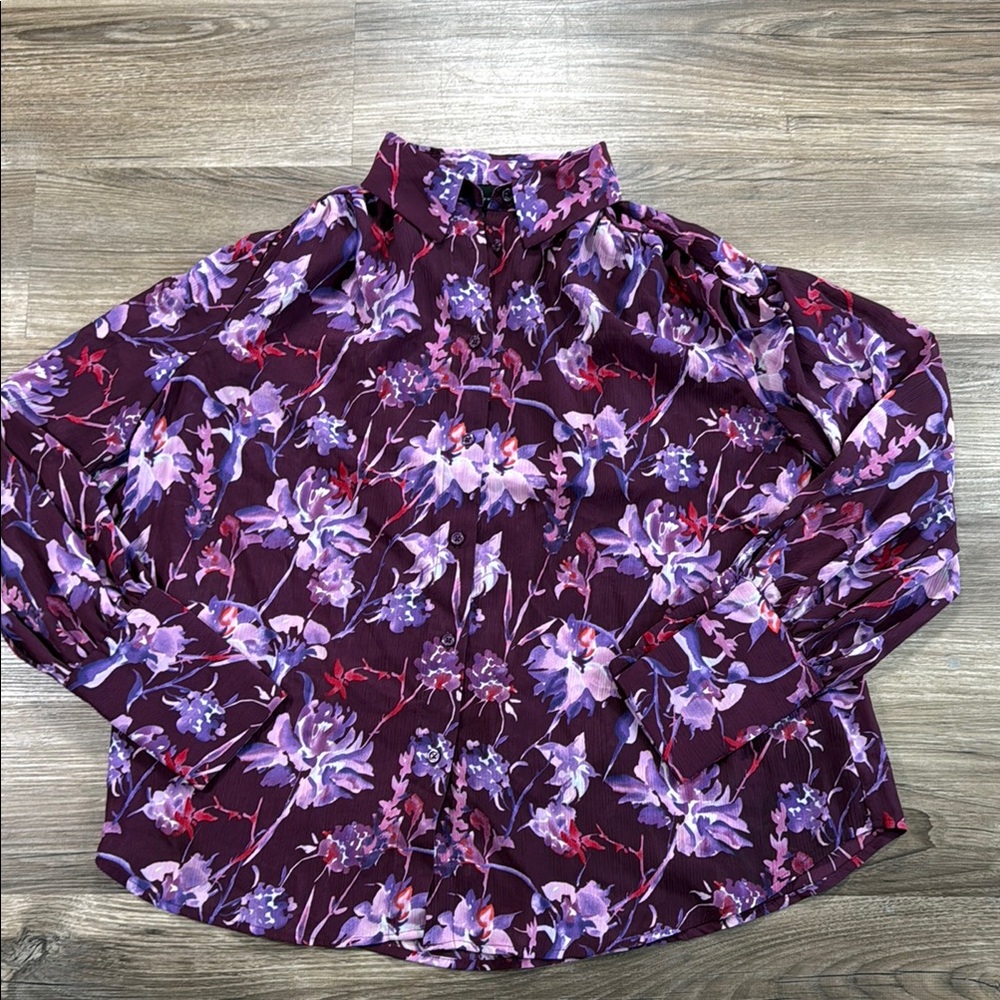 WhoWhatWear Sz Small Purple Floral Sheer Long Sleeve Top Fairy Romantic‎ Witchy